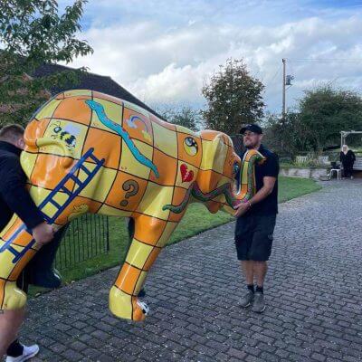 Warrens Removals team moving an elephant for St Richards Hospice Worcesters Big Parade 2021